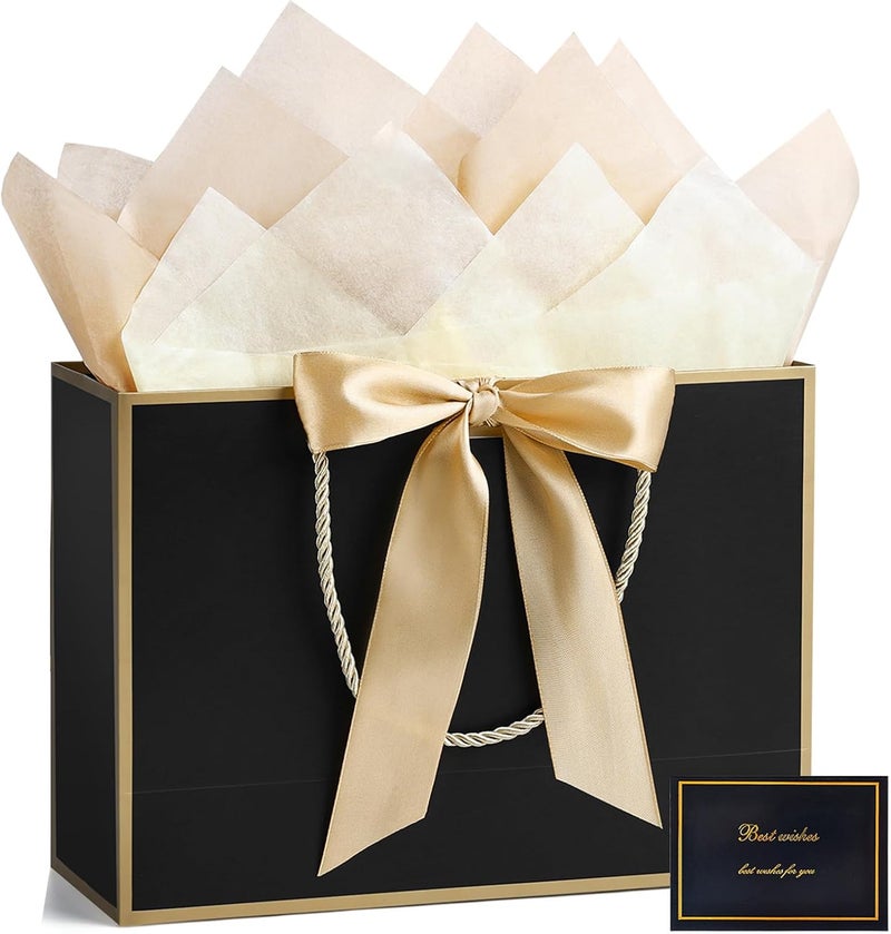 JMANNI Gift Bags, Large Gift Bags, 1Pcs Paper Gift Bag with 2 Tissue Paper and 1 Greeting Cards, Present Bags with Handles for Women Girls Bridesmaid Birthday Valentines Wedding Party (Golden-Black) - Image 1
